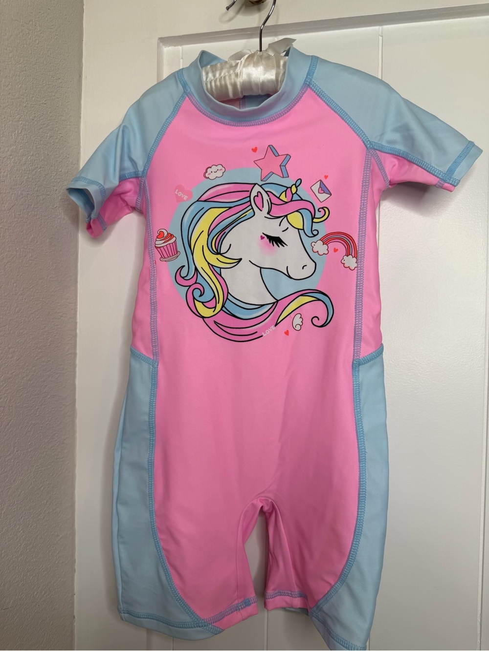 SHEIN Pink & Light Blue Unicorn Short Sleeve Swim Rashguard